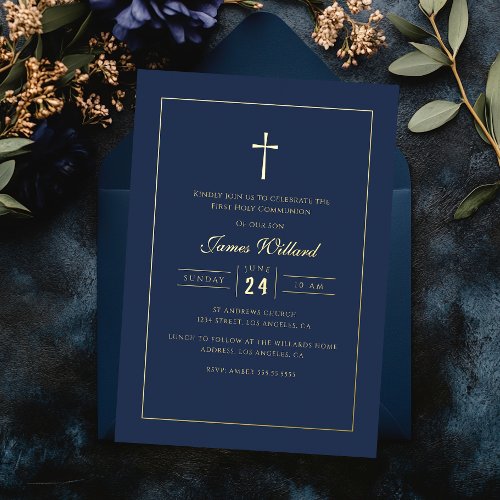 Modern Navy Gold Cross Boys First Communion