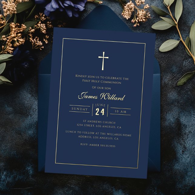 Modern Navy Gold Cross Boys First Communion Foil Invitation (Creator Uploaded)