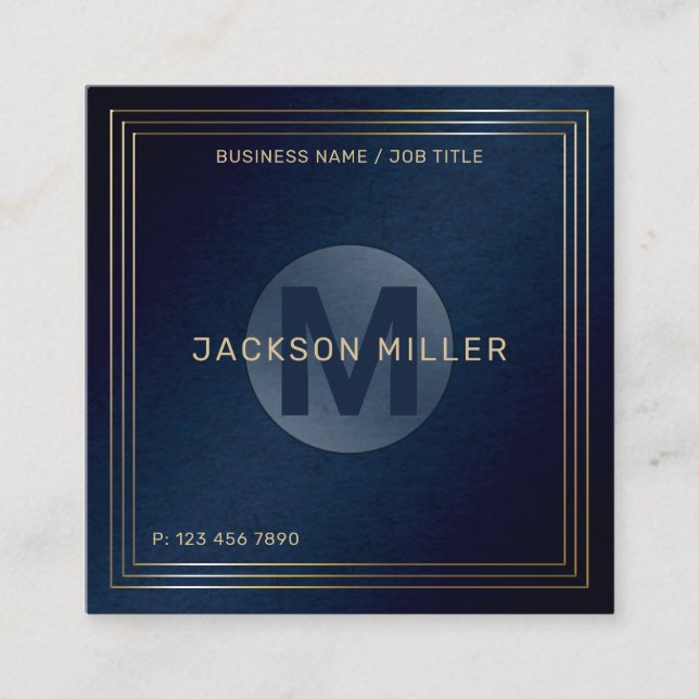 Modern Navy Gold Custom Monogram Professional Squa Square Business Card (Front)
