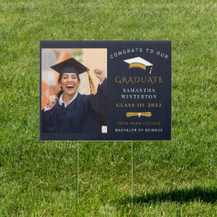 Modern Navy Gold Custom Photo Graduation Congrats Sign
