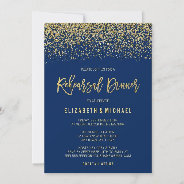 Modern Navy Gold Faux Glitter Rehearsal Dinner Invitation (Front)