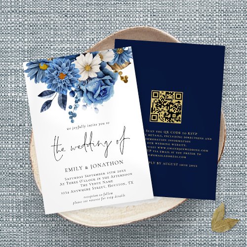 Modern  Navy Gold Florals QR Code Wedding Invitation