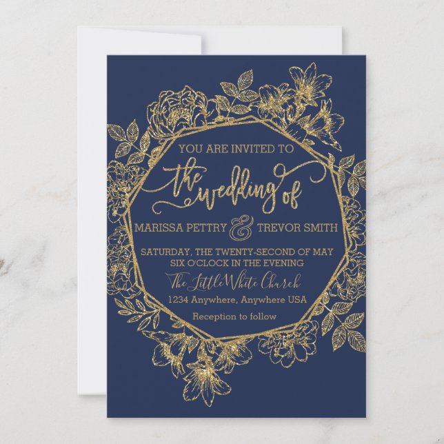 Modern Navy & Gold foil floral Wedding Invitation (Front)