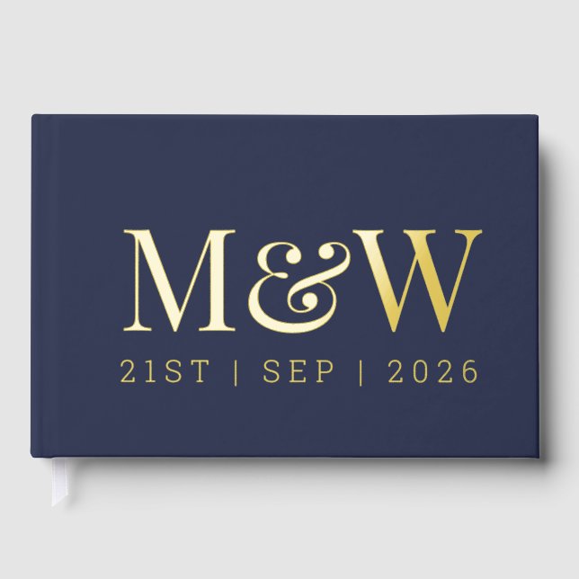 Modern Navy Gold Foil Monogram Initials Wedding Foil Guest Book (Front)