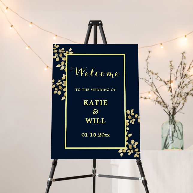 Modern Navy Gold frame Gold Leaves Welcome Wedding Foam Board (In Situ (Stand))