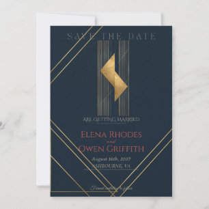 Modern Navy Gold Geometric Art Deco Save the Date