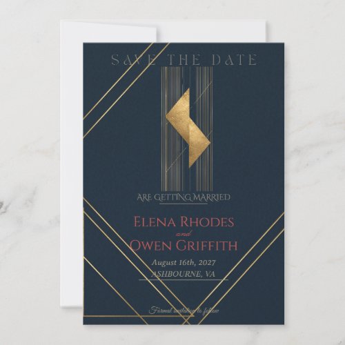 Modern Navy Gold Geometric Art Deco Save the Date