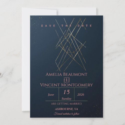 Modern Navy Gold Geometric Save the Date Card