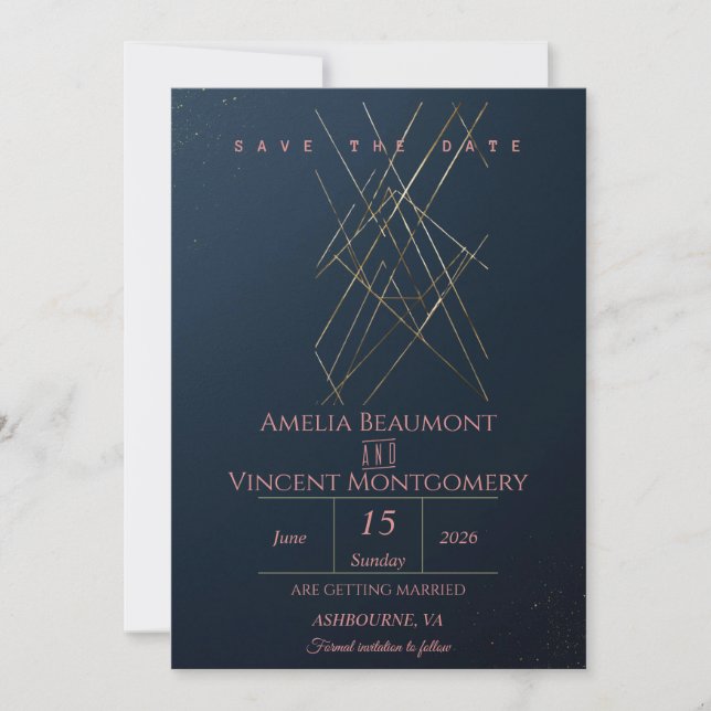 Modern Navy Gold Geometric Save the Date Card (Front)