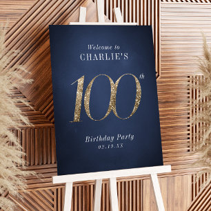 Modern navy gold glitter 100th birthday welcome foam board