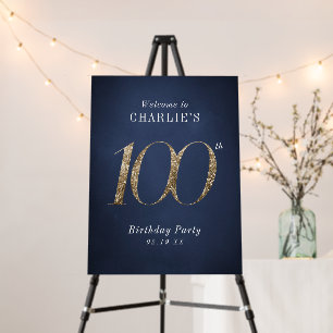 Modern navy gold glitter 100th birthday welcome foam board