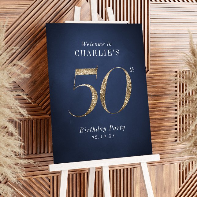 Modern navy gold glitter 50th birthday welcome foam board (Modern navy gold glitter 50th birthday welcome foam board)