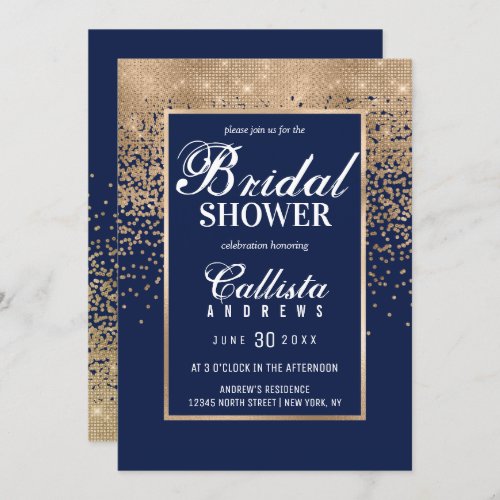 Modern Navy Gold Glitter Confetti Bridal Shower Invitation