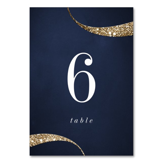Modern navy gold glitter stripes table number (Front)