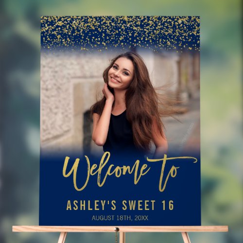 Modern Navy Gold Glitter Sweet 16 Photo Welcome Acrylic Sign