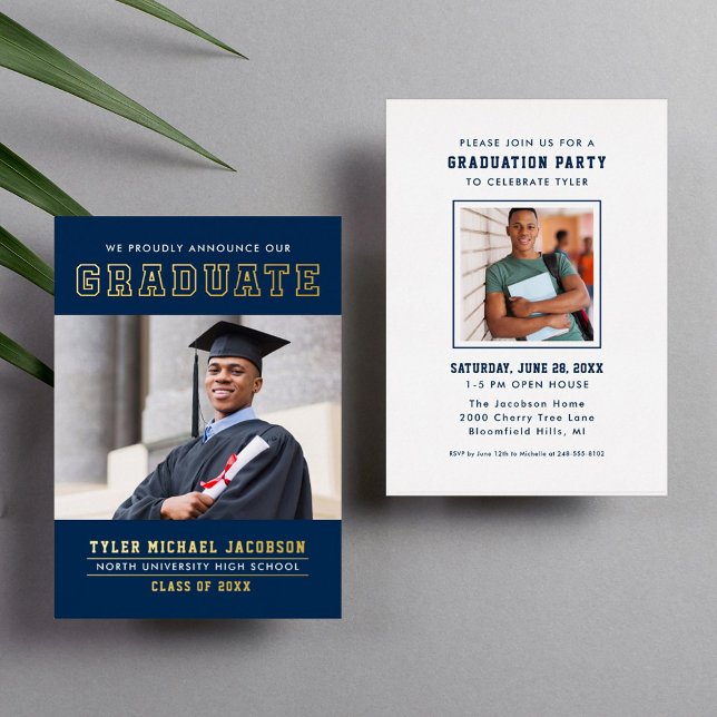 Modern Navy Gold Graduate Photo Graduation Party Foil Invitation (Creator Uploaded)