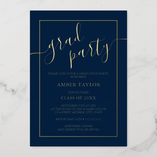 Modern Navy Gold Graduation Party  Foil Invitation