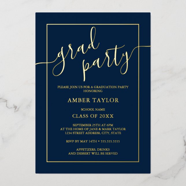 Modern Navy Gold Graduation Party  Foil Invitation (Front)