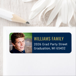 Modern Navy Gold Graduation Photo Return Address Label