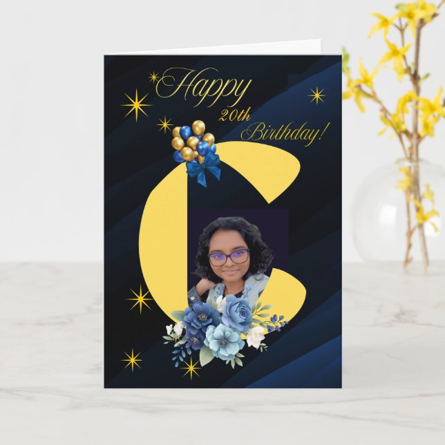 Modern Navy & Gold Initial "C" Photo 20th Birthday Card (Yellow Flower)