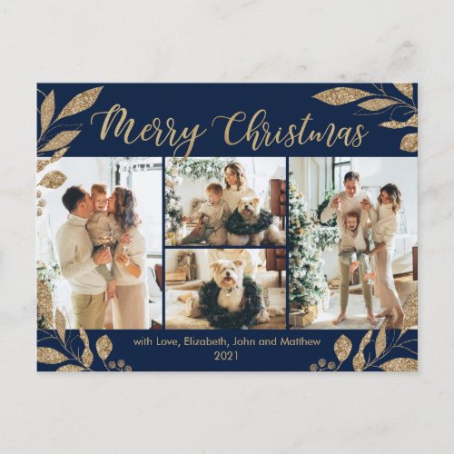 Modern Navy Gold Leaves Photo Collage Christmas Postcard