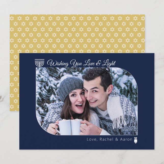 Modern Navy & Gold Love & Light Hanukkah Photo Hol Holiday Card (Front/Back)