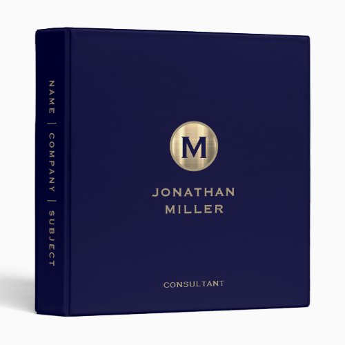 Modern Navy Gold Monogram 3 Ring Binder