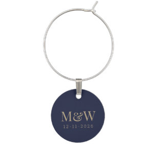 Modern Navy Gold Monogram Bride & Groom Wine Charm