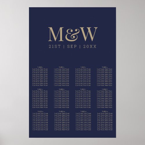Modern Navy Gold Monogram Wedding Seating Chart