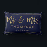 Modern navy gold Mr and Mrs wedding keepsake names Lumbar Pillow<br><div class="desc">Modern chic yellow gold Mr and Mrs wedding keepsake names with a faux gold calligraphy script,  add your names and your wedding date with a geometric frame border,  the navy blue color background is fully editable.</div>