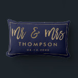 Modern navy gold Mr and Mrs wedding keepsake names Lumbar Pillow<br><div class="desc">Modern chic yellow gold Mr and Mrs wedding keepsake names with a faux gold calligraphy script,  add your names and your wedding date with a geometric frame border,  the navy blue color background is fully editable.</div>