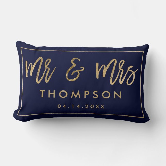 Modern navy gold Mr and Mrs wedding keepsake names Lumbar Pillow (Front)