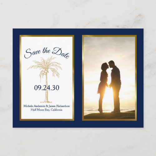Modern Navy Gold Palm Wedding Save The Date Photo Announcement Postcard