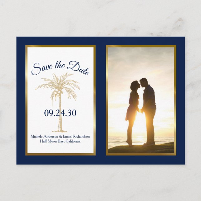 Modern Navy Gold Palm Wedding Save The Date Photo Announcement Postcard (Front)