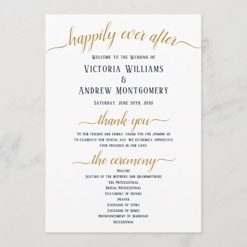 Modern Navy Gold Script Minimal Wedding Ceremony Program