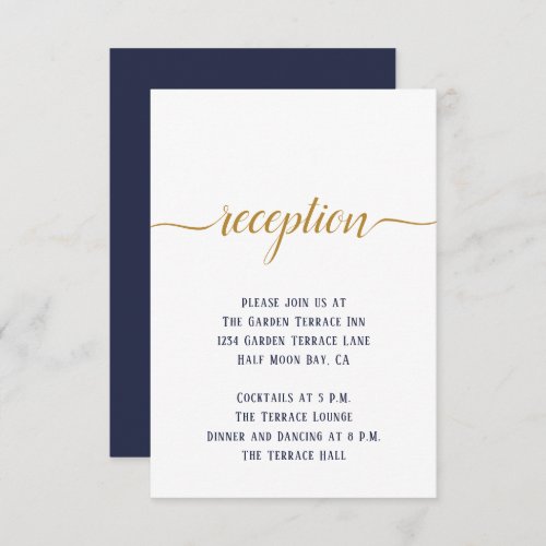 Modern Navy Gold Script Minimal Wedding Reception Enclosure Card