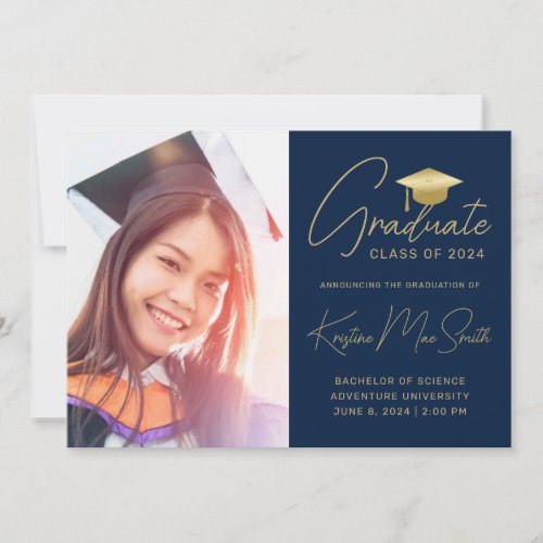 Modern Navy Gold Script Photo College Graduation Announcement