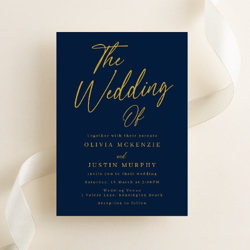 Modern Navy  Gold Script Wedding Invitation