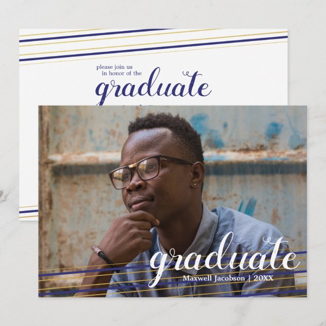 Modern Navy & Gold Striped Graduate Party Cards (Front/Back)