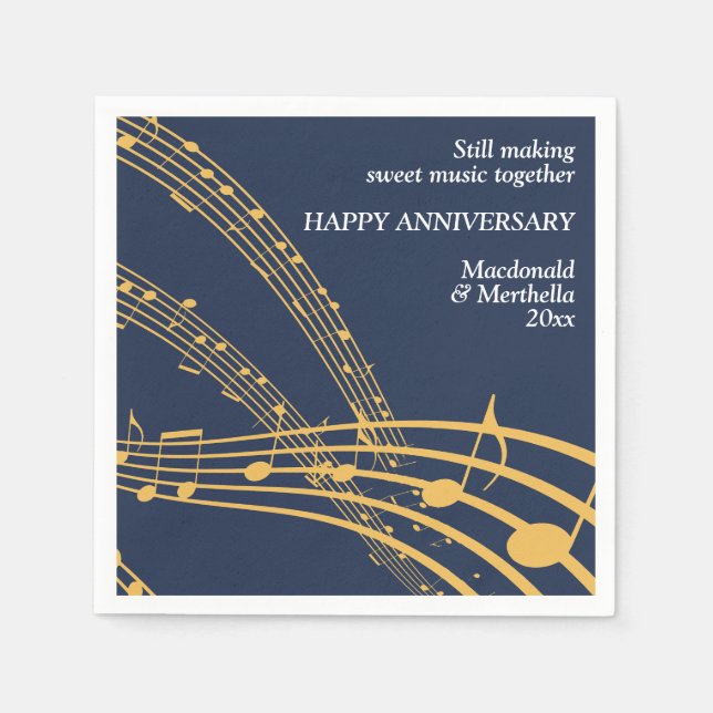 Modern Navy Gold SWEET MUSIC Happy Anniversary Napkins (Front)