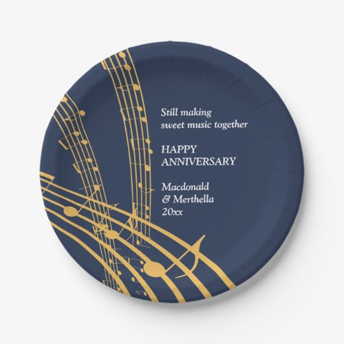 Modern Navy Gold SWEET MUSIC Happy Anniversary Paper Plates