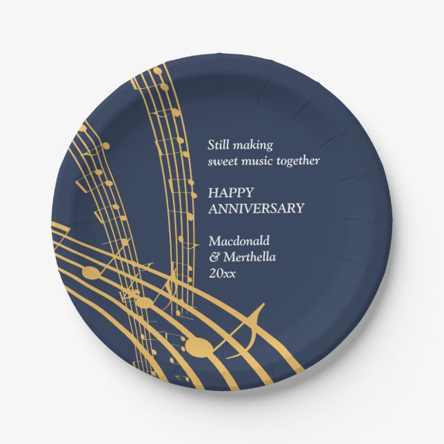 Modern Navy Gold SWEET MUSIC Happy Anniversary Paper Plates (Front)