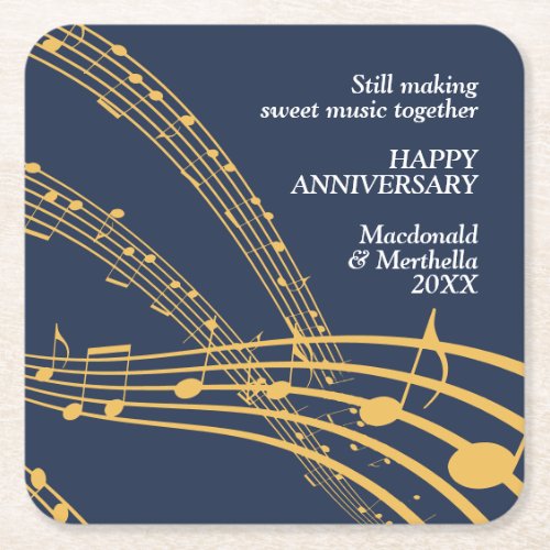 Modern Navy Gold SWEET MUSIC Happy Anniversary Square Paper Coaster