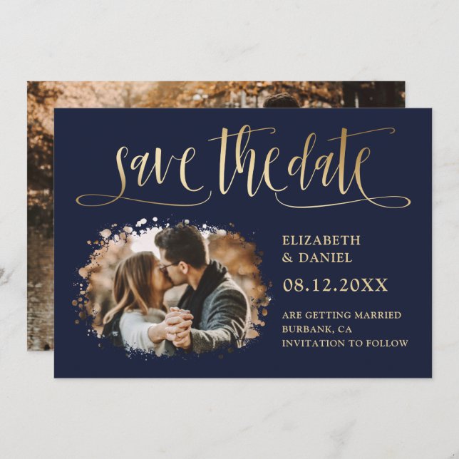 Modern Navy Gold Wedding Photo Save The Date (Front/Back)