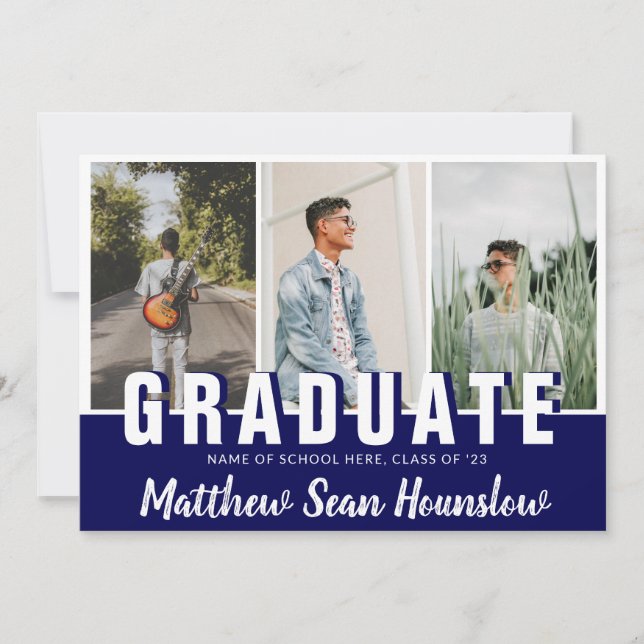 Modern Navy Graduate 3 Photo Collage Graduation Announcement (Front)