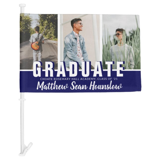Modern Navy Graduate 3 Photo Collage Graduation Car Flag (Front)