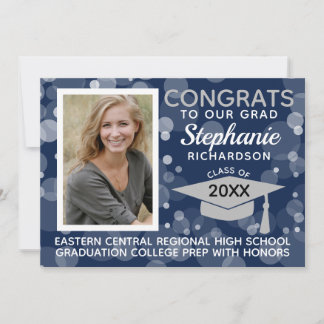 Modern Navy Gray Bokeh Bubbles Photo Graduation Invitation