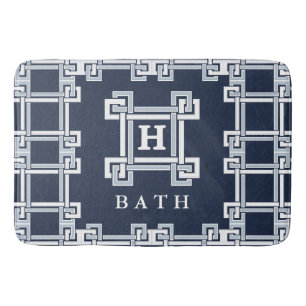 Modern Navy Gray Greek Key Monogram Bathroom Bath Mat
