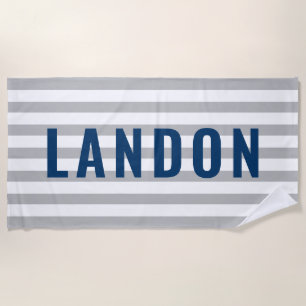 Modern Navy Gray Stripe Monogram Name Beach Towel