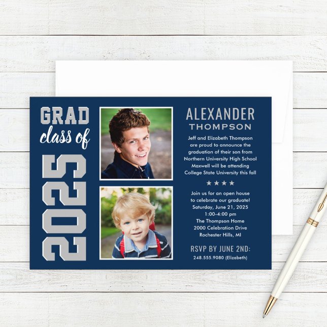 Modern Navy Gray Two Photos Graduation Party Invitation (Creator Uploaded)